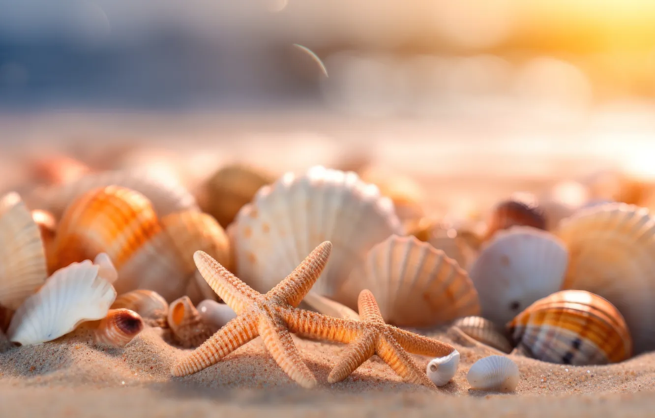 Photo wallpaper sea, beach, the ocean, shore, shell, starfish, seashells, seashell