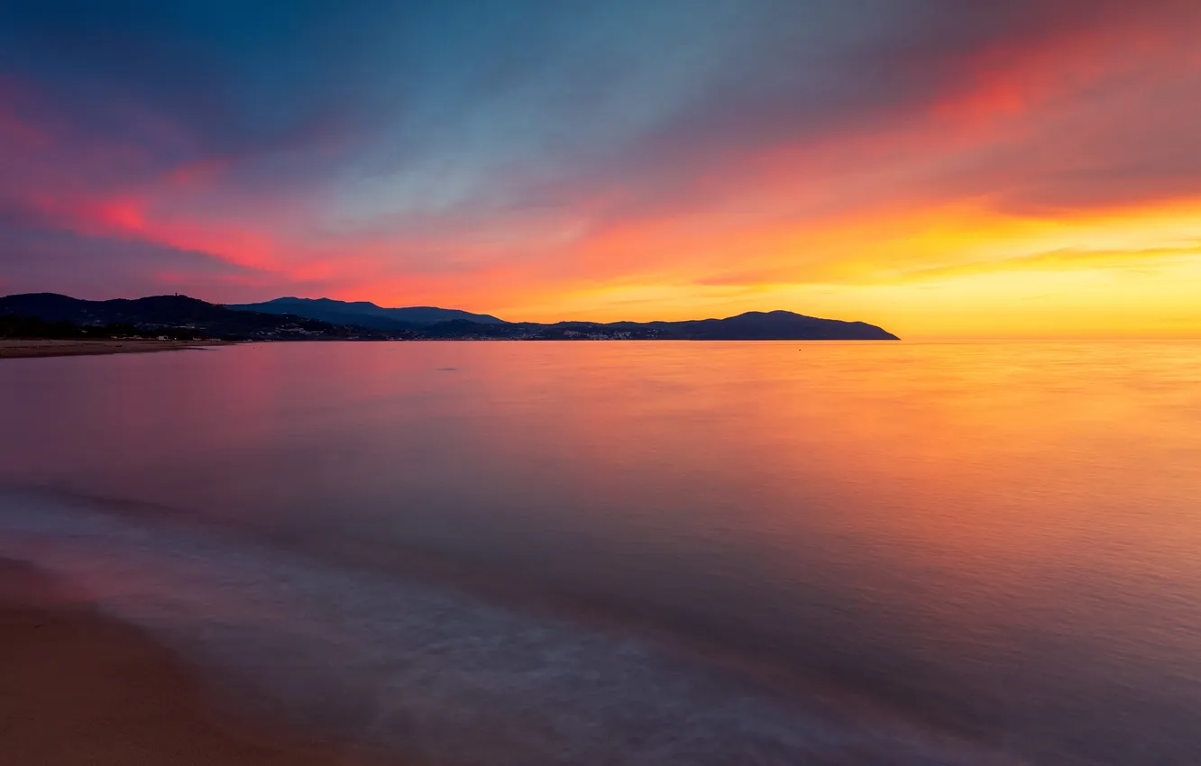 Photo wallpaper sea, the sky, the sun, sunset, coast, horizon