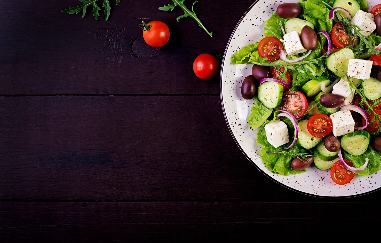 Photo wallpaper cheese, tomatoes, cucumbers, salad
