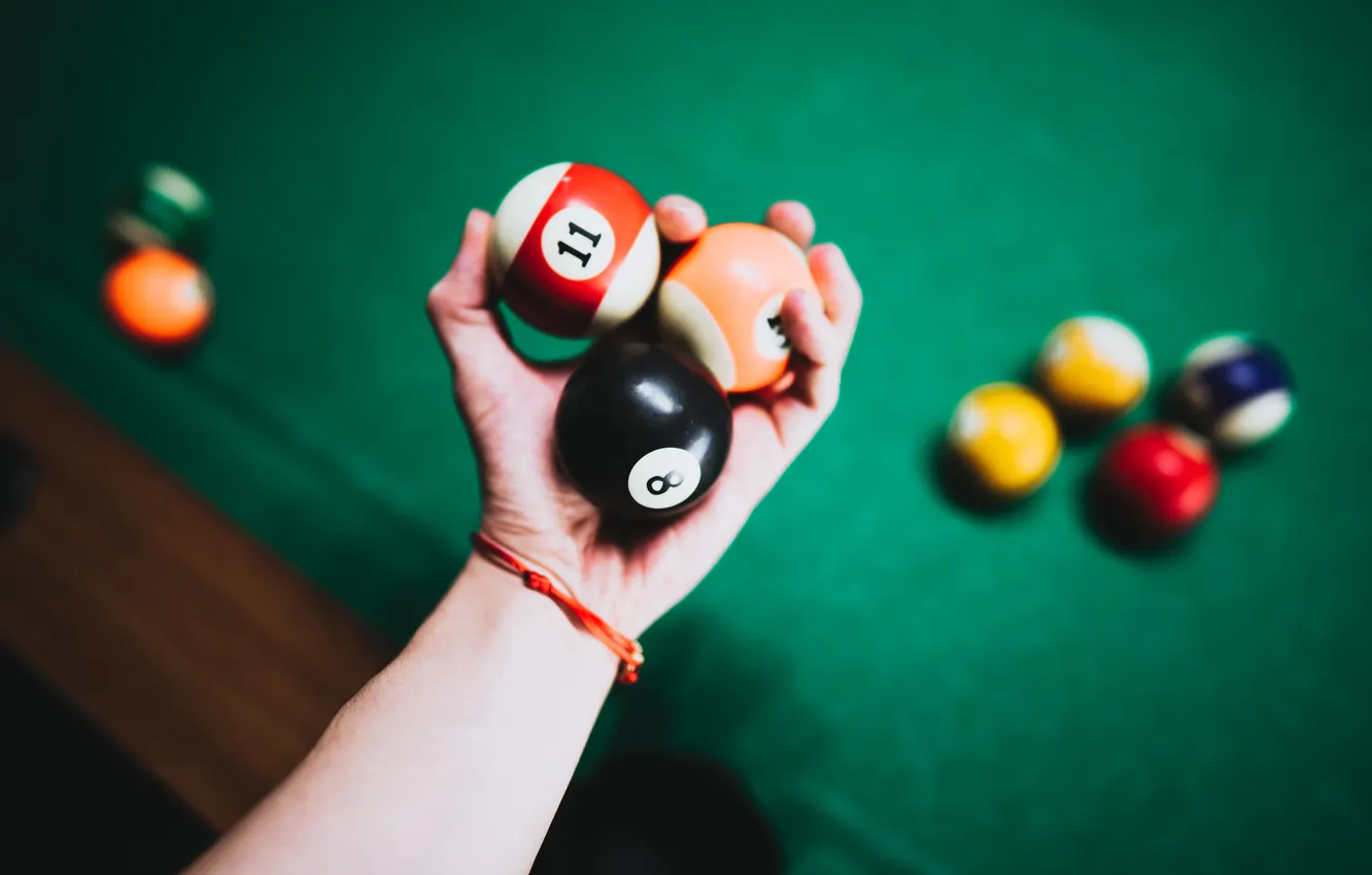Photo wallpaper colors, balls, hand, pool table