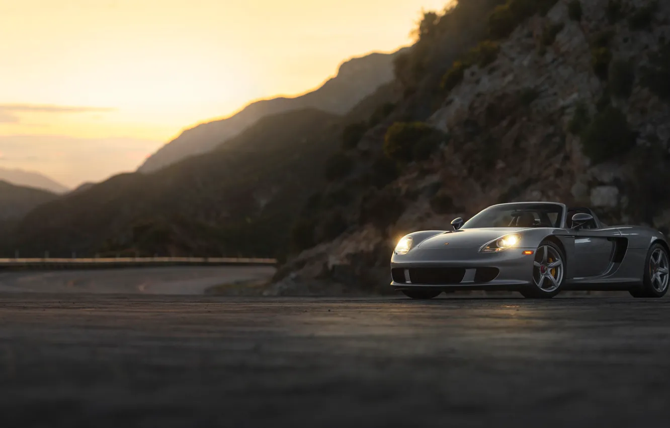 Photo wallpaper Porsche, sunset, Porsche Carrera GT, headlights