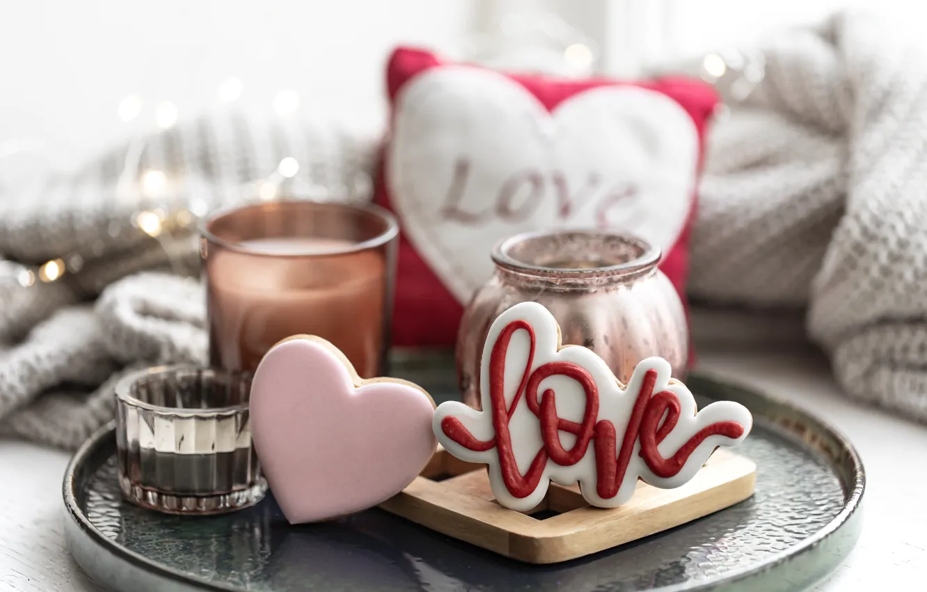 Photo wallpaper Valentine's day, pink, garland, candles, holiday, Bank, heart, cookies
