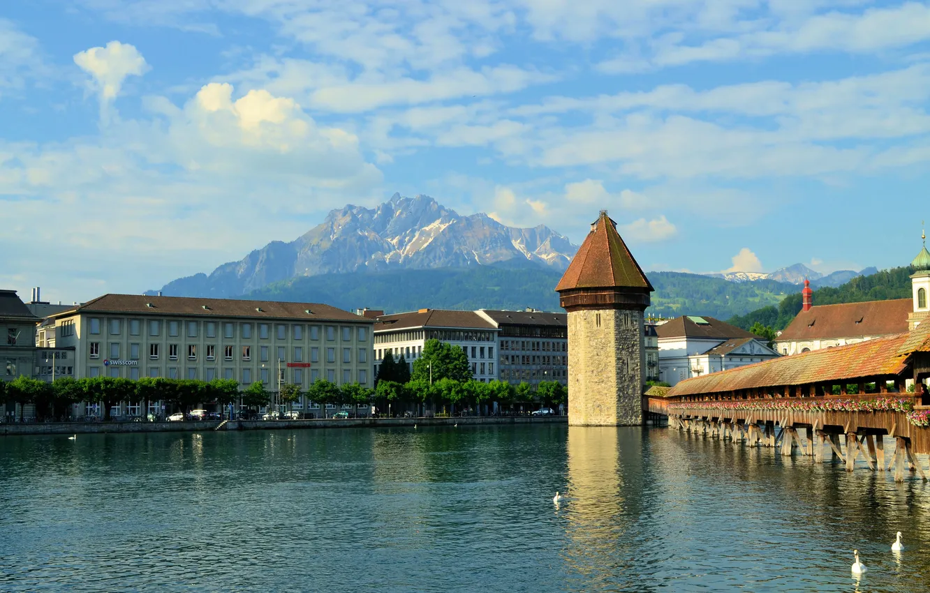 Photo wallpaper lake, tower, Switzerland, Lucerne