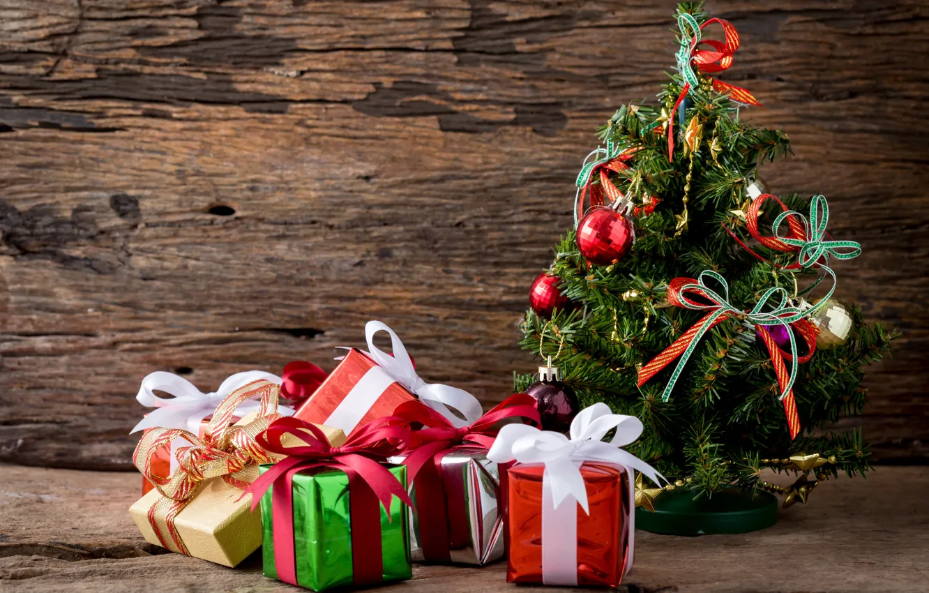 Photo wallpaper decoration, tree, New Year, Christmas, gifts, Christmas, wood, tree