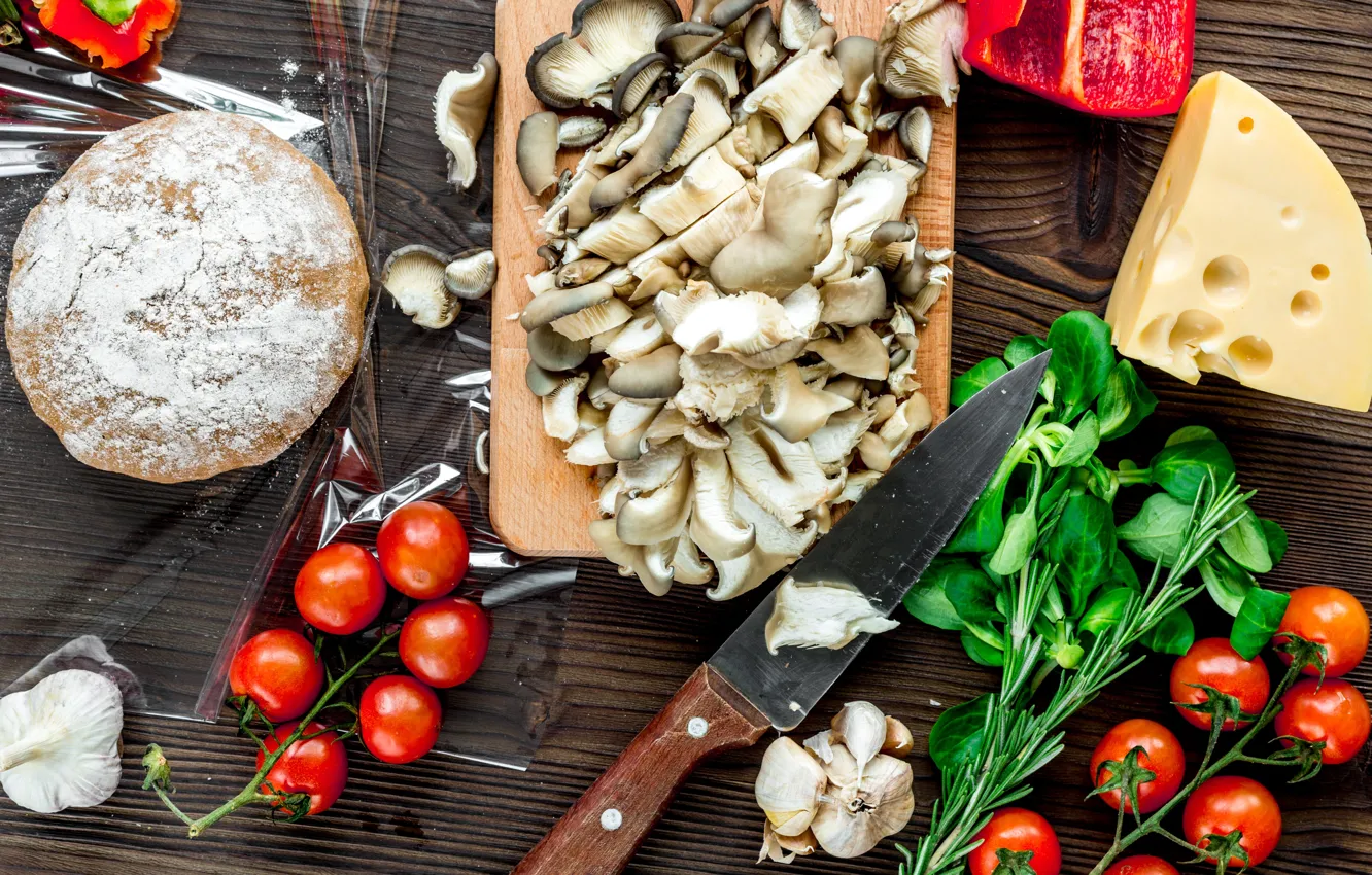 Photo wallpaper mushrooms, cheese, pepper, tomato, the dough, blanks for pizza