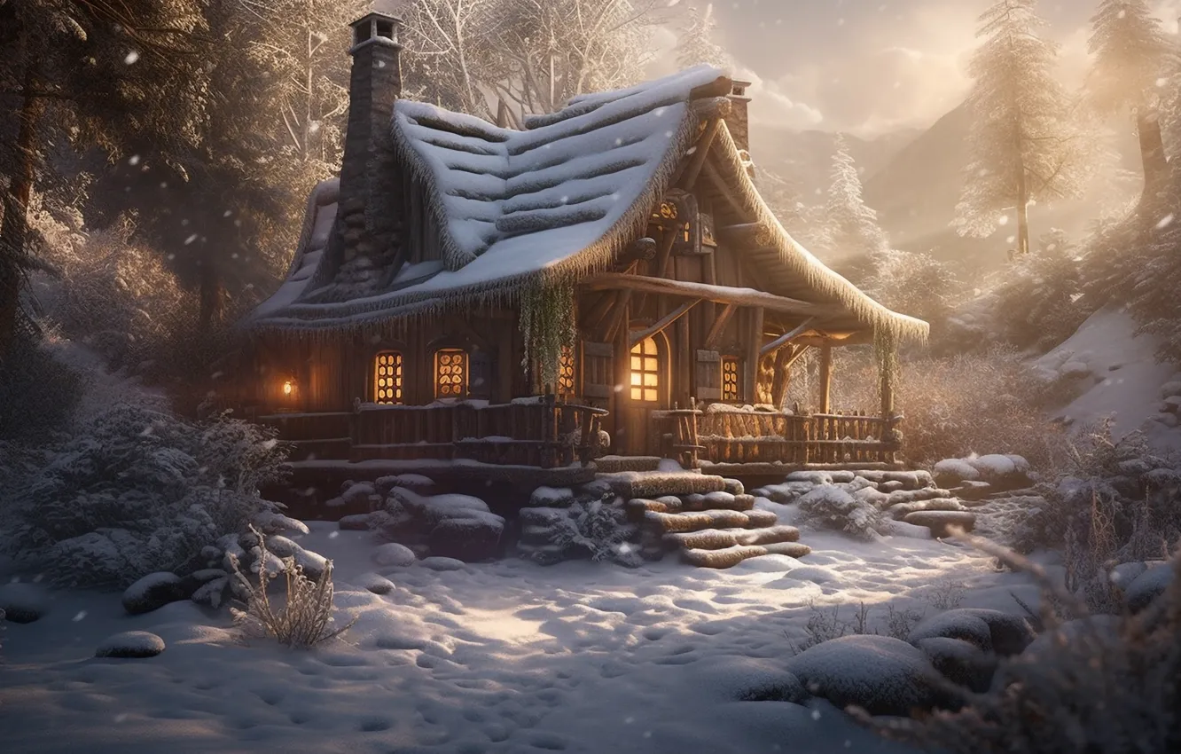 Photo wallpaper winter, forest, light, snow, trees, night, nature, comfort