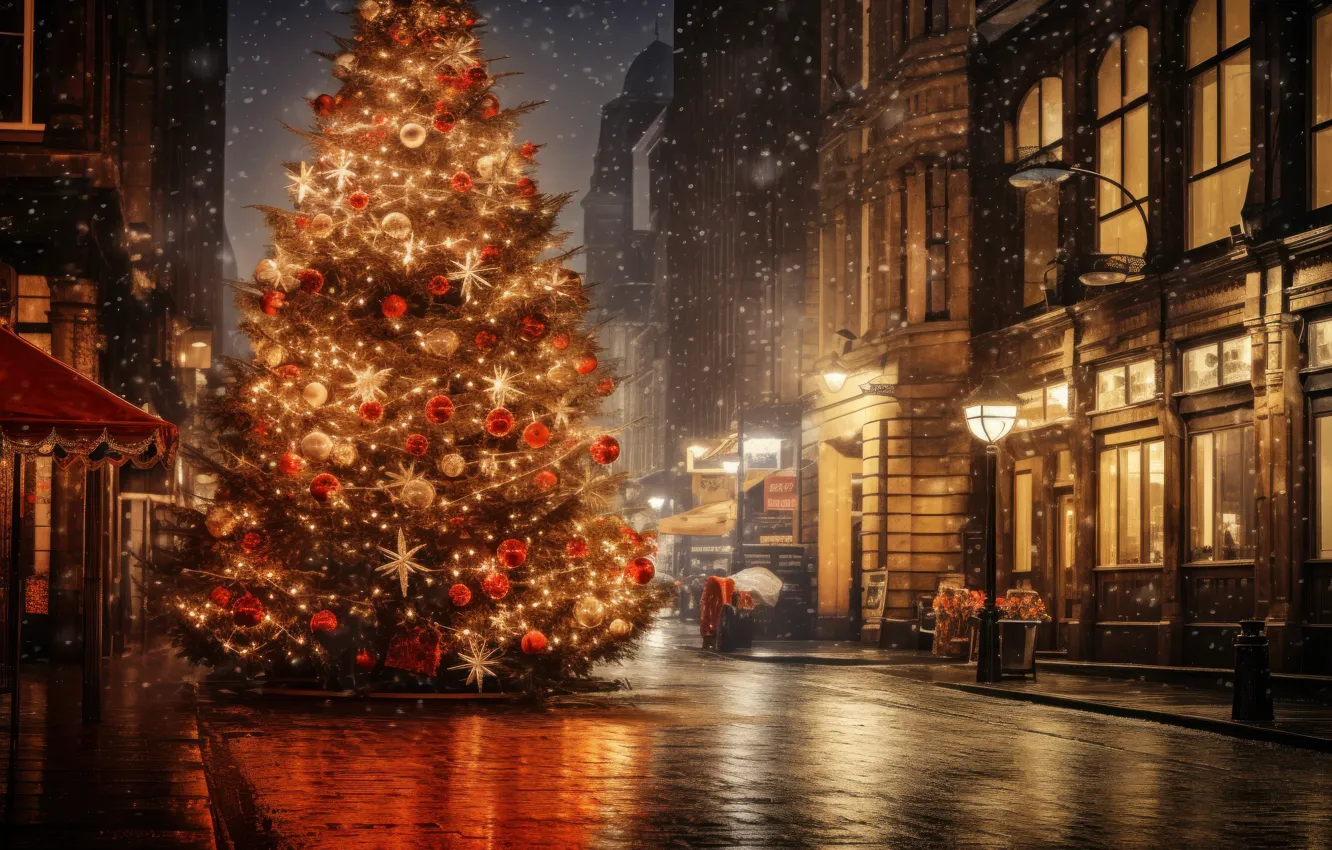 Photo wallpaper winter, snow, decoration, night, the city, lights, street, tree