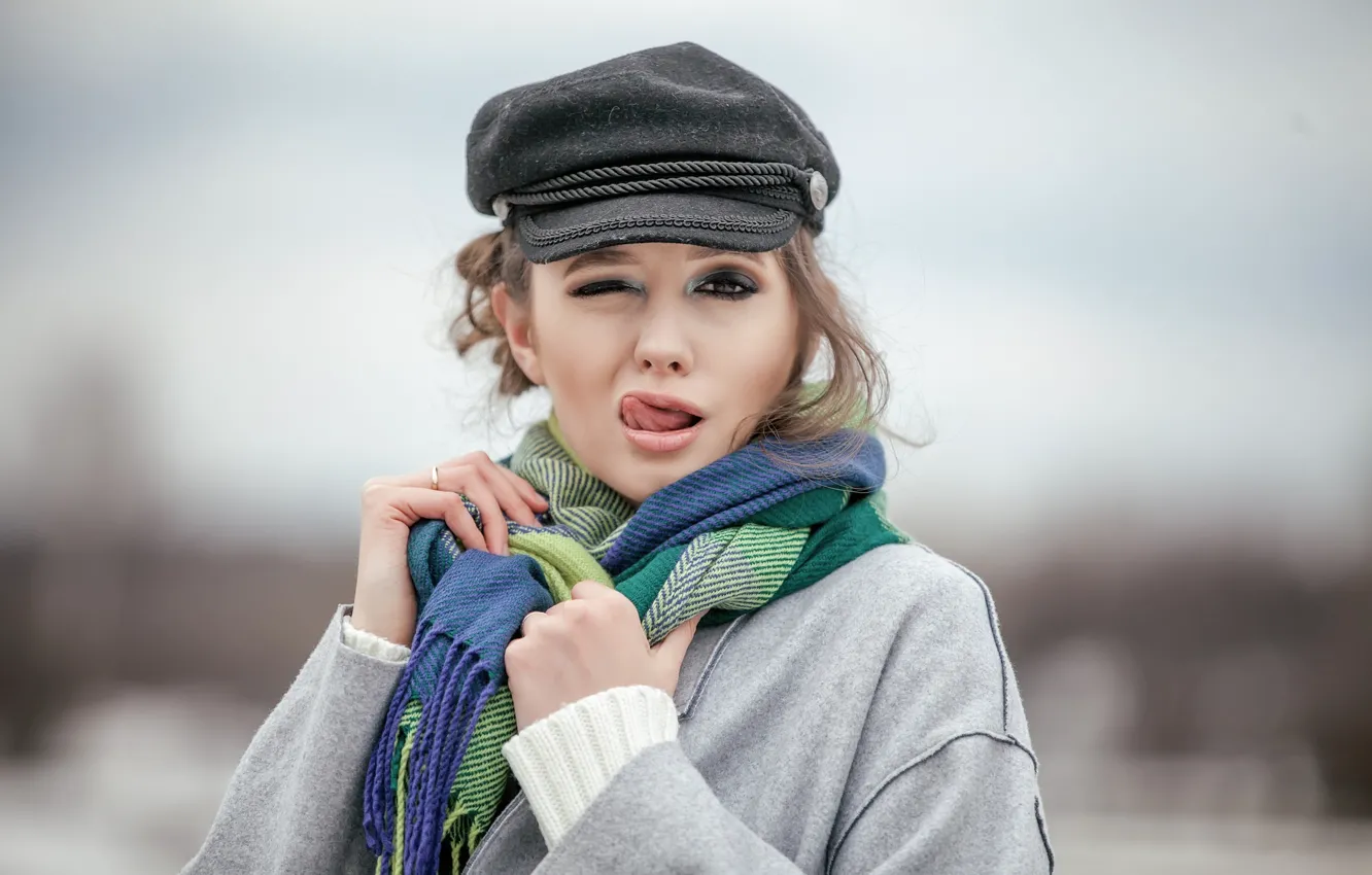 Photo wallpaper face, tongue, makeup, scarf, cap, Disha Shemetova, Alexey Simonov, DISHA Shemetova