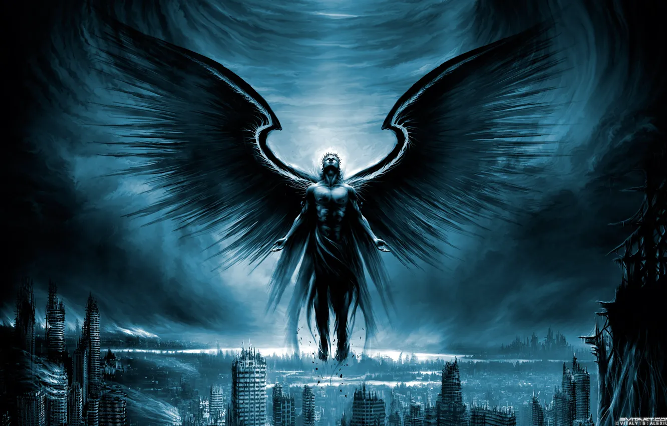 Photo wallpaper the city, wings, ruins, The Archangel