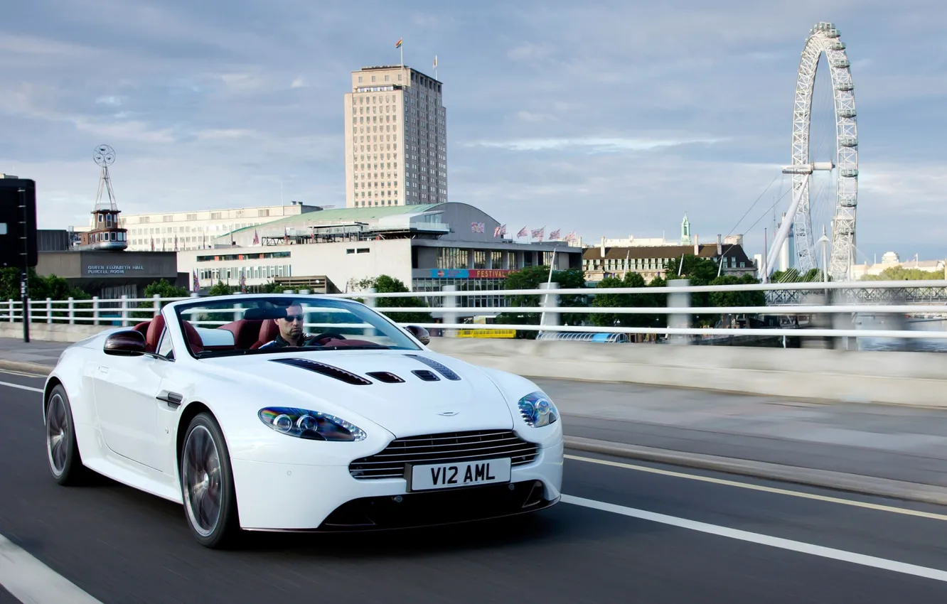 Photo wallpaper road, white, the city, Aston Martin, London, Vantage, Ferris wheel, supercar