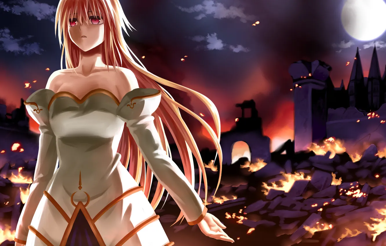 Photo wallpaper the sky, girl, clouds, fire, the moon, anime, art, ruins