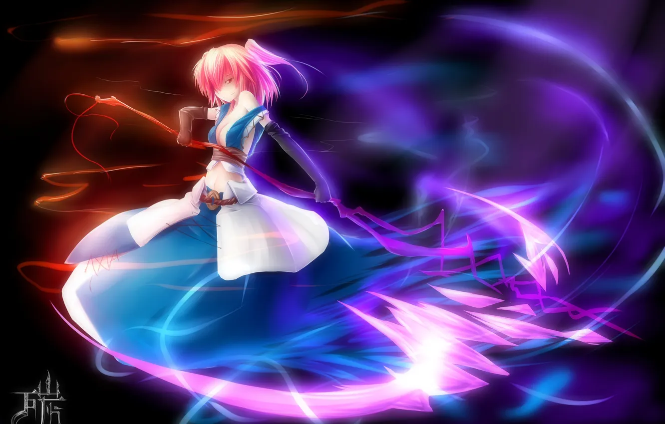 Photo wallpaper chest, girl, weapons, magic, art, braid, touhou, grin