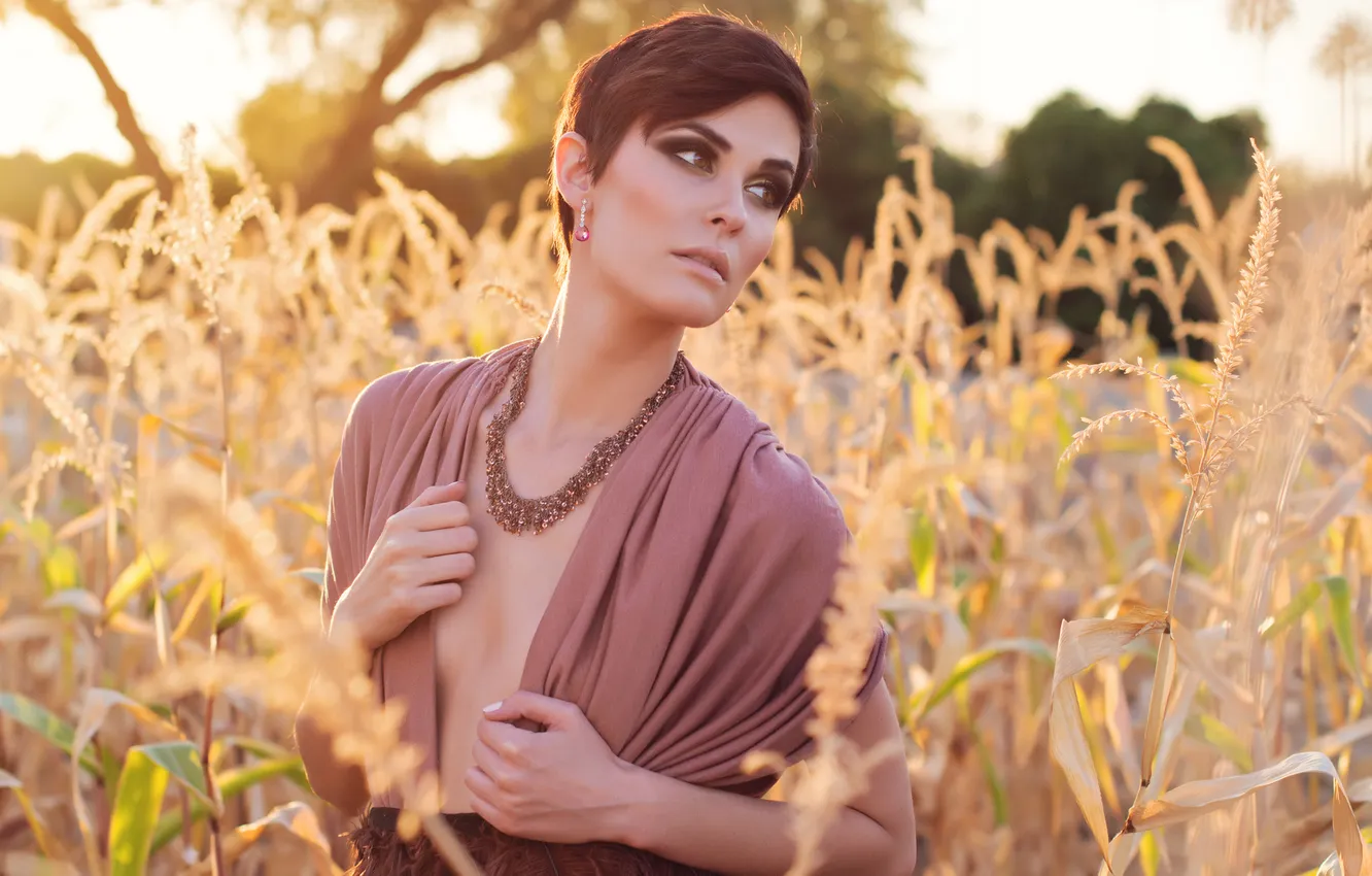 Photo wallpaper girl, spikelets, neckline