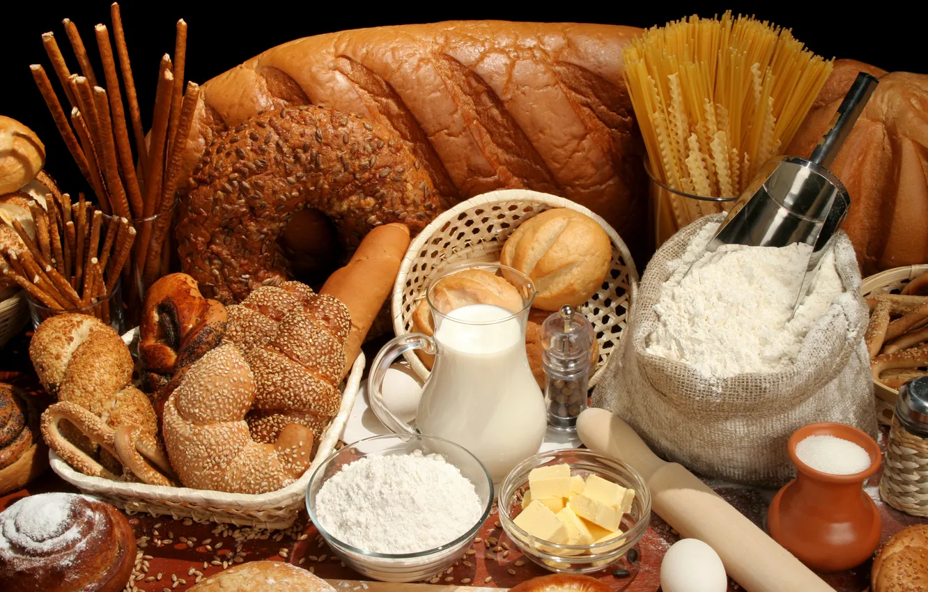 Photo wallpaper egg, oil, milk, bread, spaghetti, flour, buns, baskets