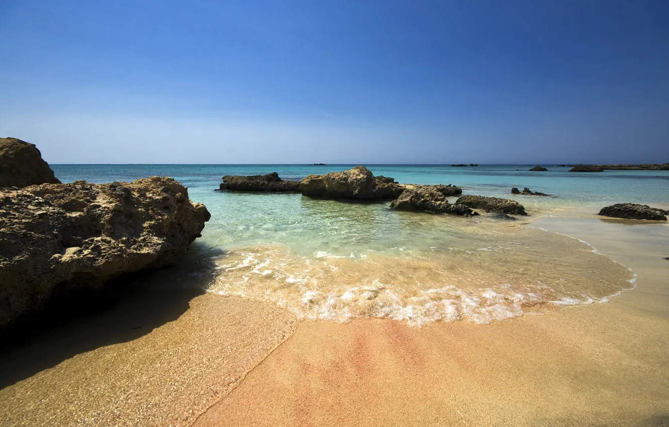 Photo wallpaper sand, sea, beach, summer, the sky, stones, shore, blue