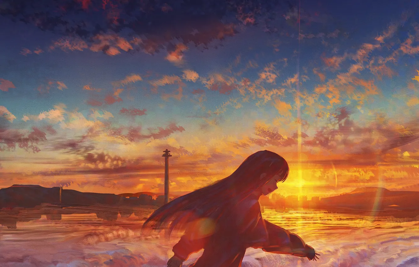 Photo wallpaper sea, girl, sunset, laughs