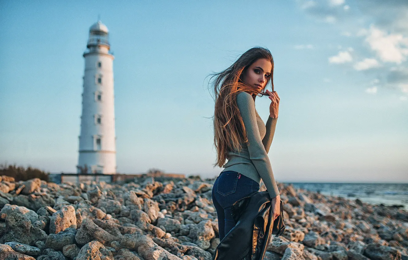 Photo wallpaper girl, photo, photographer, model, bokeh, jeans, stones, brunette