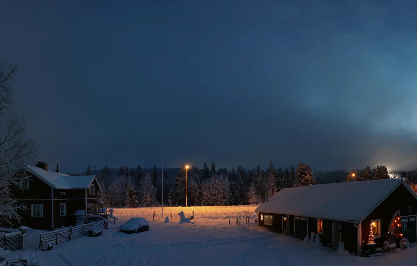 Photo wallpaper winter, snow, dawn, morning, houses, Finland, Lapland