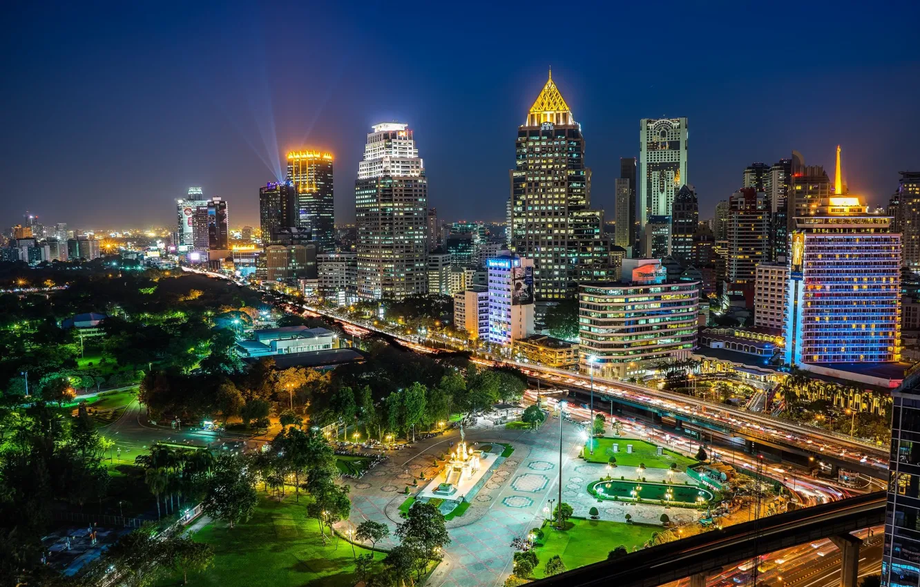 Photo wallpaper Park, Bangkok, Thailand, the city, lights, night, building