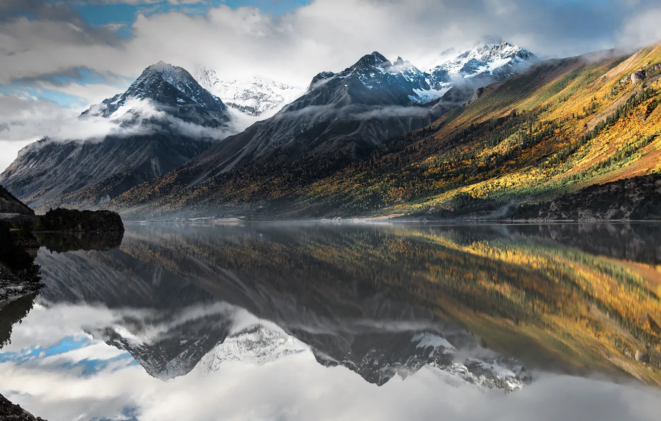 Photo wallpaper autumn, reflection, mountains, lake