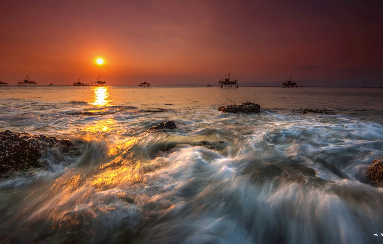 Photo wallpaper sea, the sky, sunset, stones, Indonesia, Anton Raharja