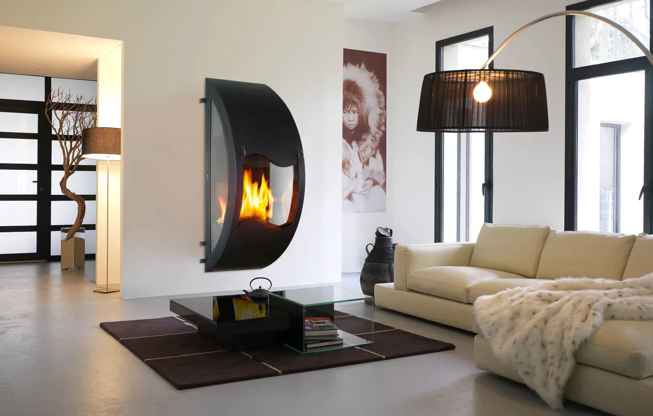 Photo wallpaper design, interior, fireplace, sofa, living room