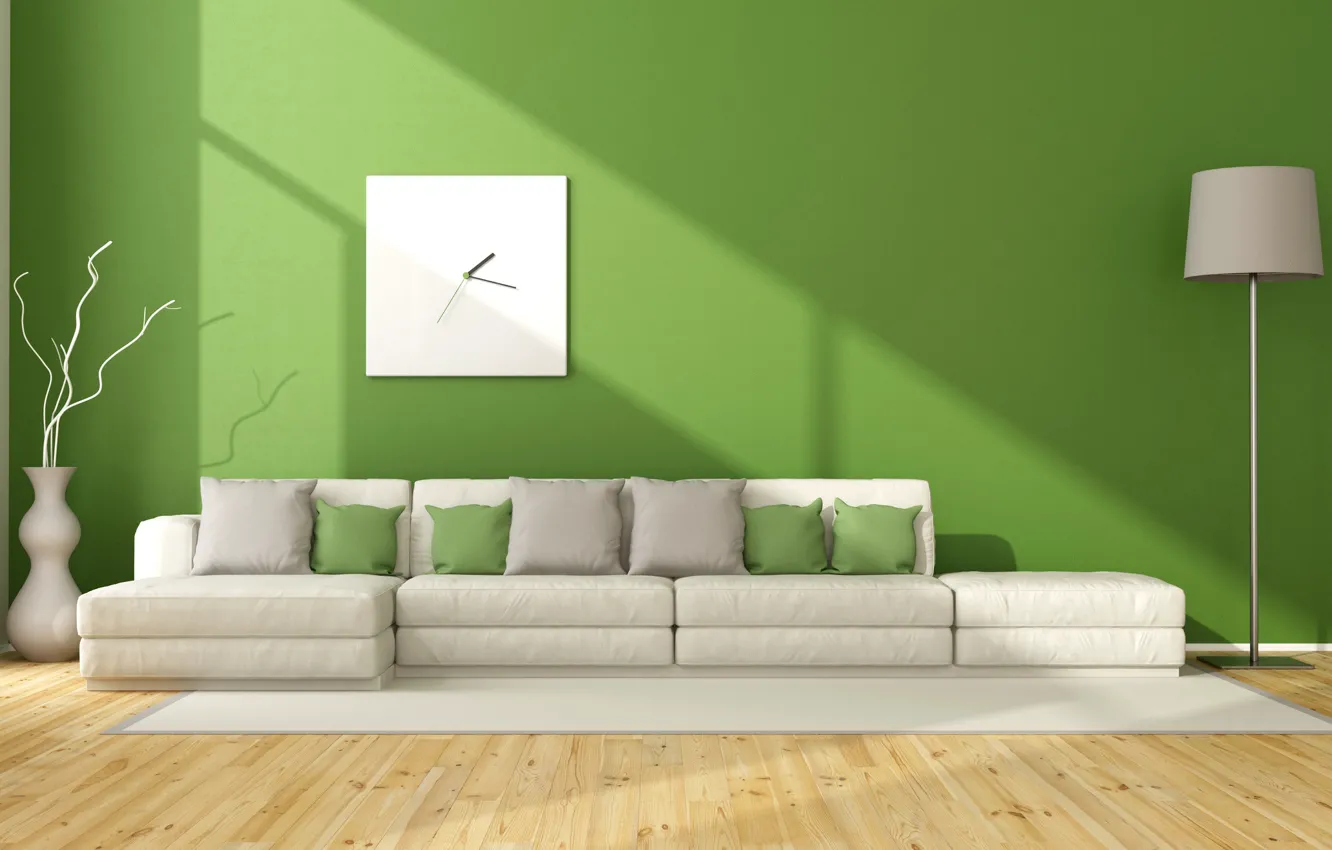 Photo wallpaper design, style, watch, lamp, interior, sofa, living room