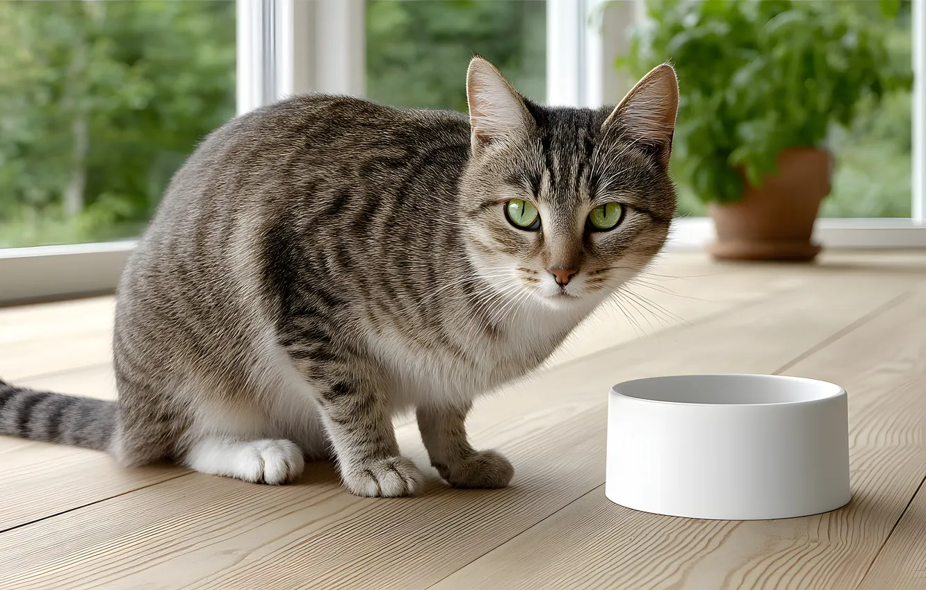 Photo wallpaper cat, cat, look, pose, grey, window, bowl, face