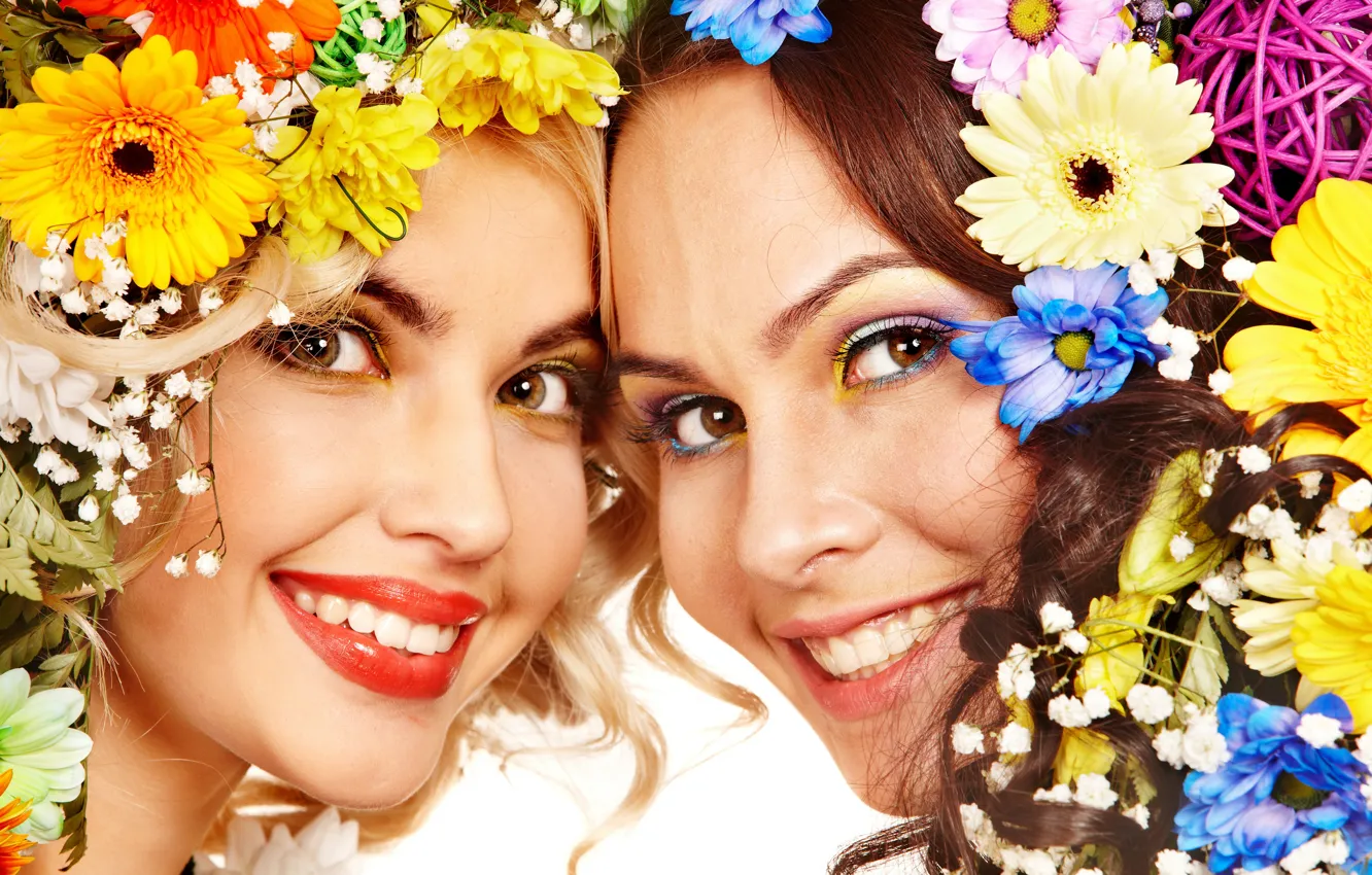 Photo wallpaper look, flowers, close-up, girls, makeup, face, blonde, white background