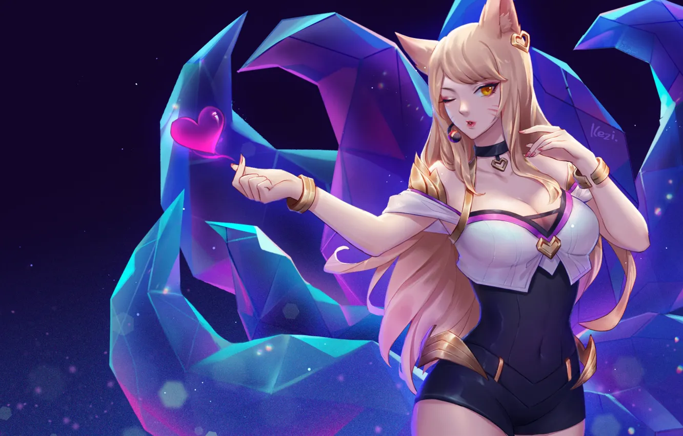 Photo wallpaper girl, tail, hearts, League of Legends, Ahri