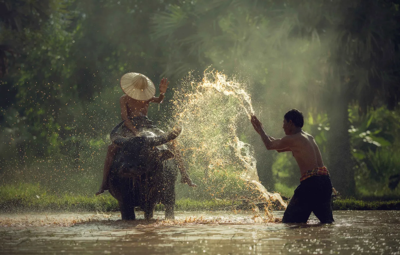 Photo wallpaper man, child, asian, villager