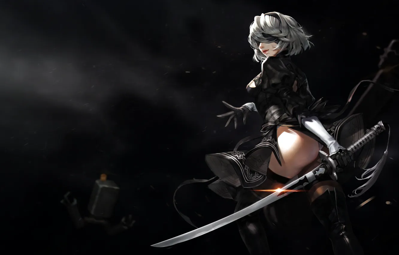 Photo wallpaper girl, background, figure, sword, katana, art, Android, nier