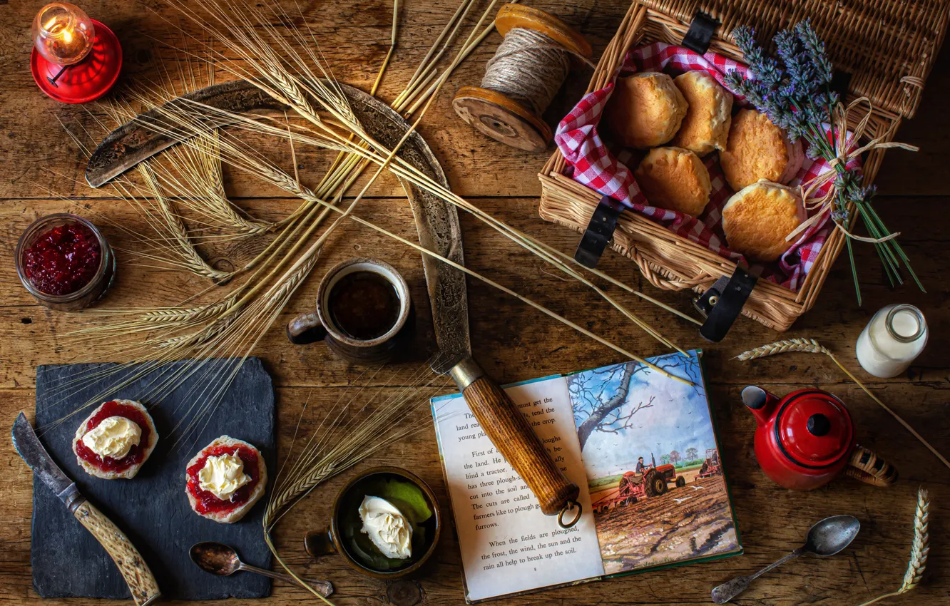 Photo wallpaper table, basket, lamp, spoon, knife, Cup, Bank, book
