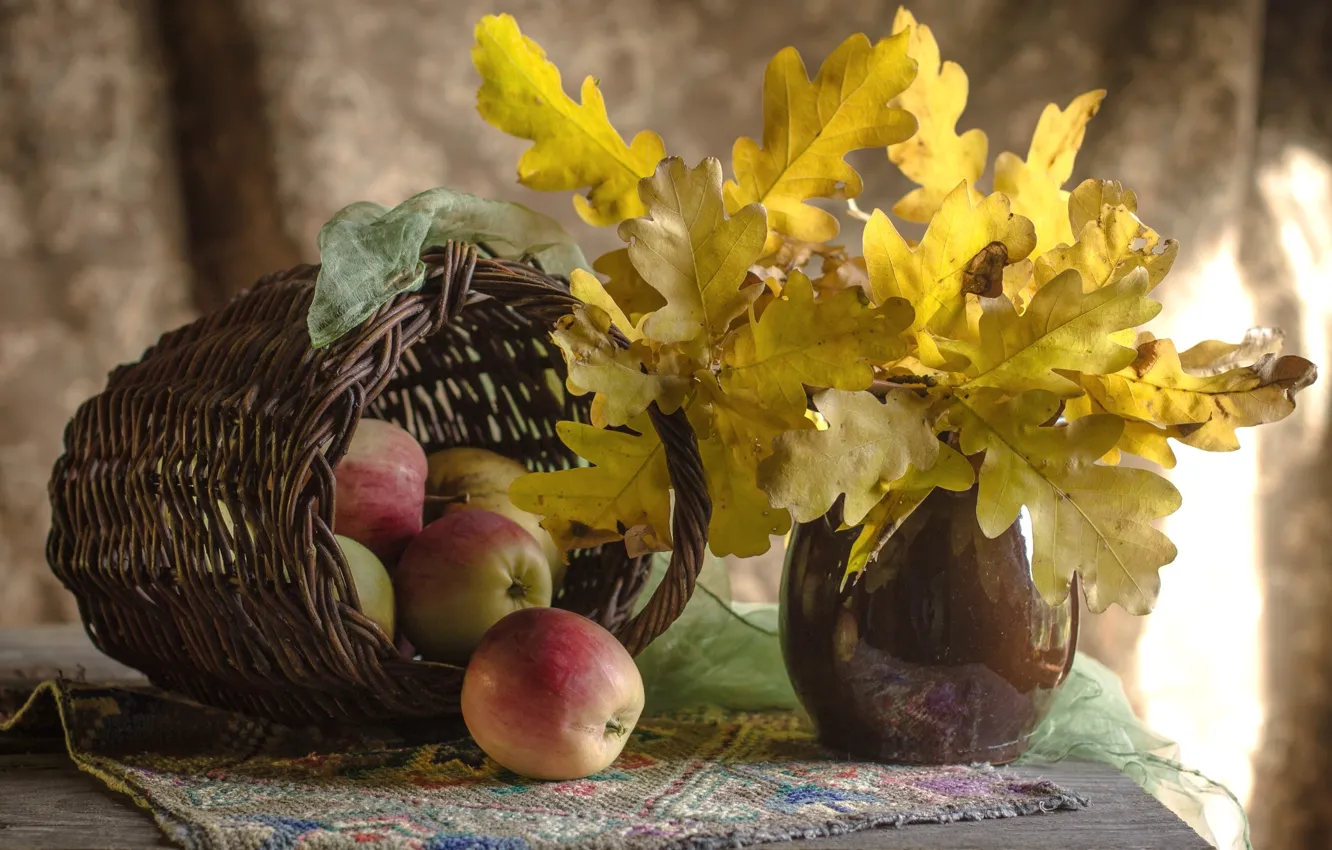 Photo wallpaper autumn, leaves, apples, still life, oak