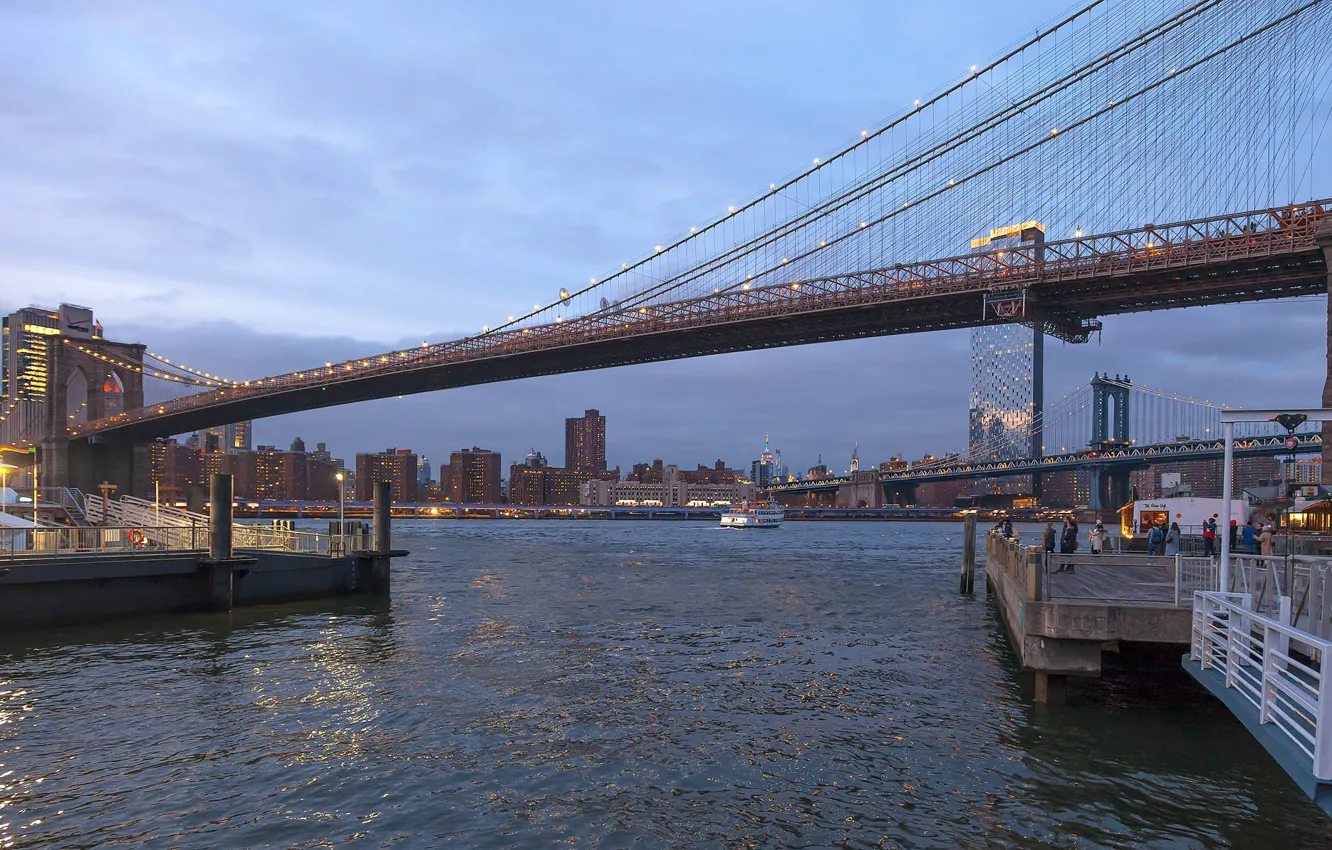 Photo wallpaper bridge, the city, Strait, building, Marina, home, New York, skyscrapers