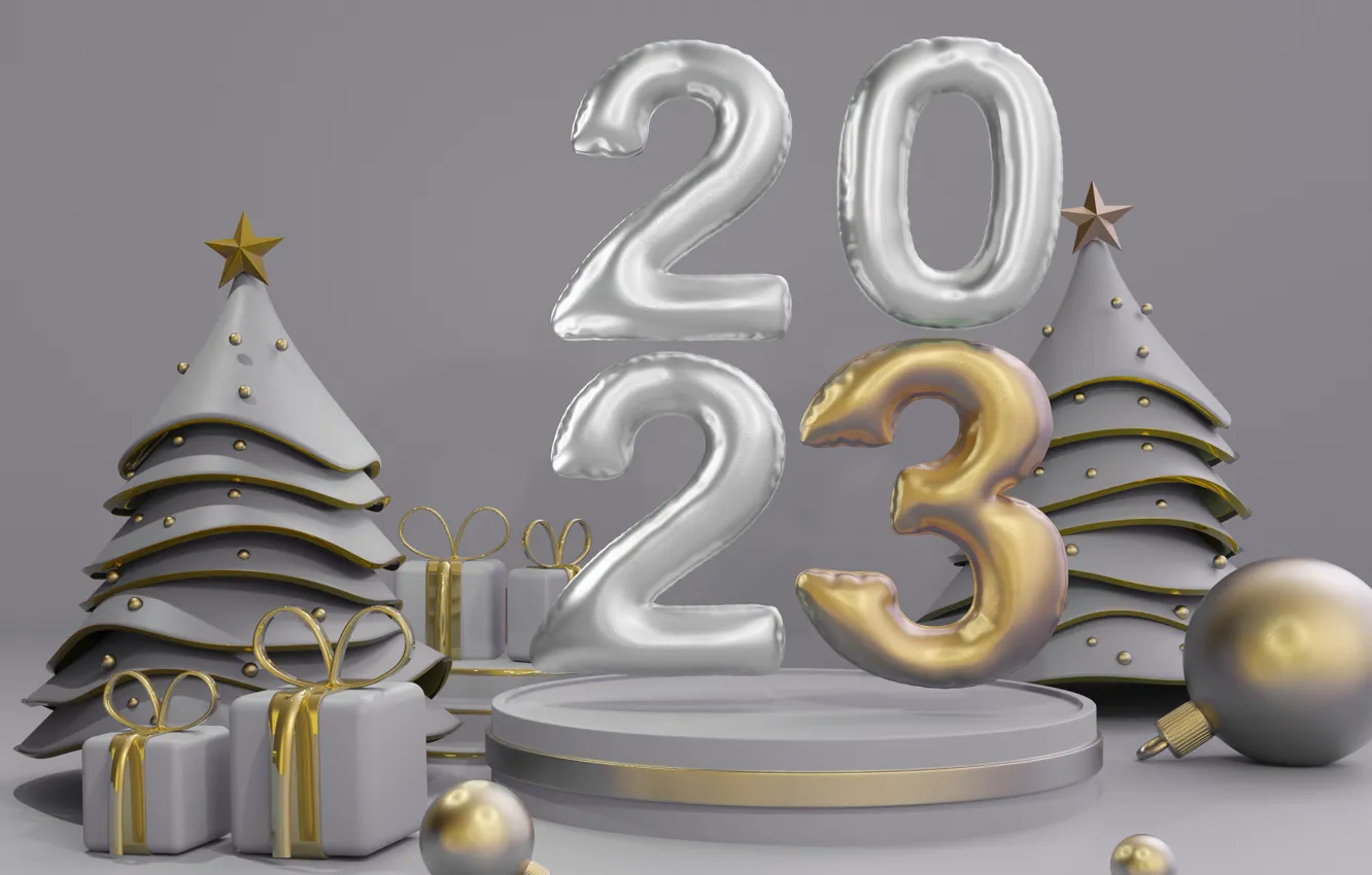 Photo wallpaper balls, rendering, silver, figures, New year, grey background, herringbone, box