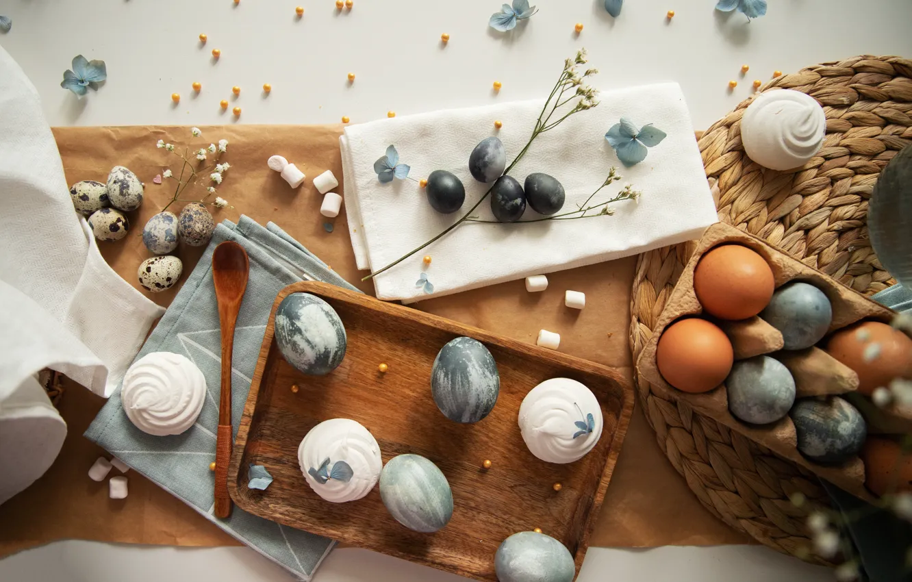 Photo wallpaper flowers, sprig, table, grey, holiday, eggs, spring, candy