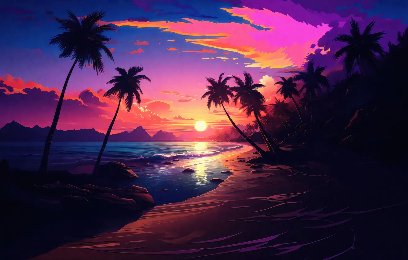 Photo wallpaper beach, clouds, sunset, Digital art, reflection of the sun