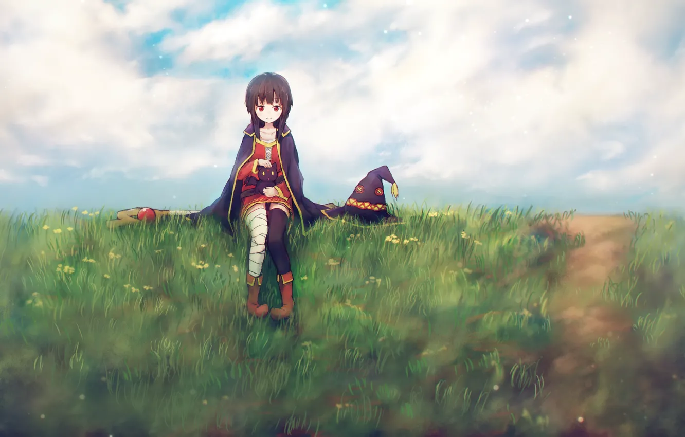 Photo wallpaper grass, girl, smile, hat, MAG, staff, sitting, anime