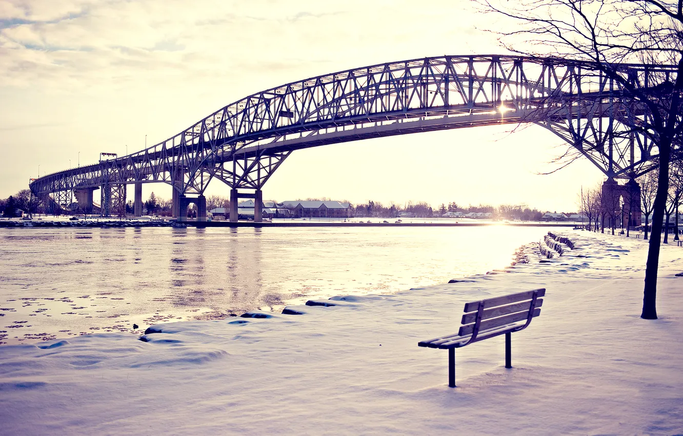 Photo wallpaper winter, snow, bench, bridge, river, shop