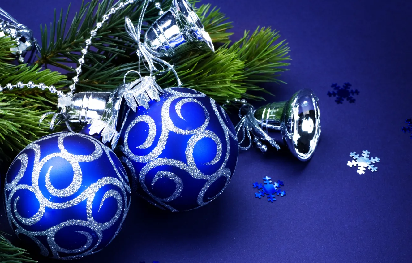 Photo wallpaper snowflakes, branches, blue, balls, toy, tree, new year, silver