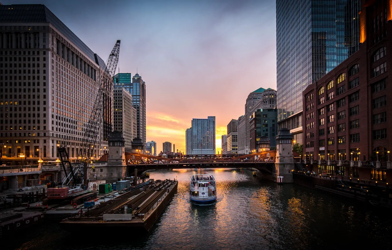 Photo wallpaper sunset, bridge, river, home, skyscrapers, crane, Chicago, lights