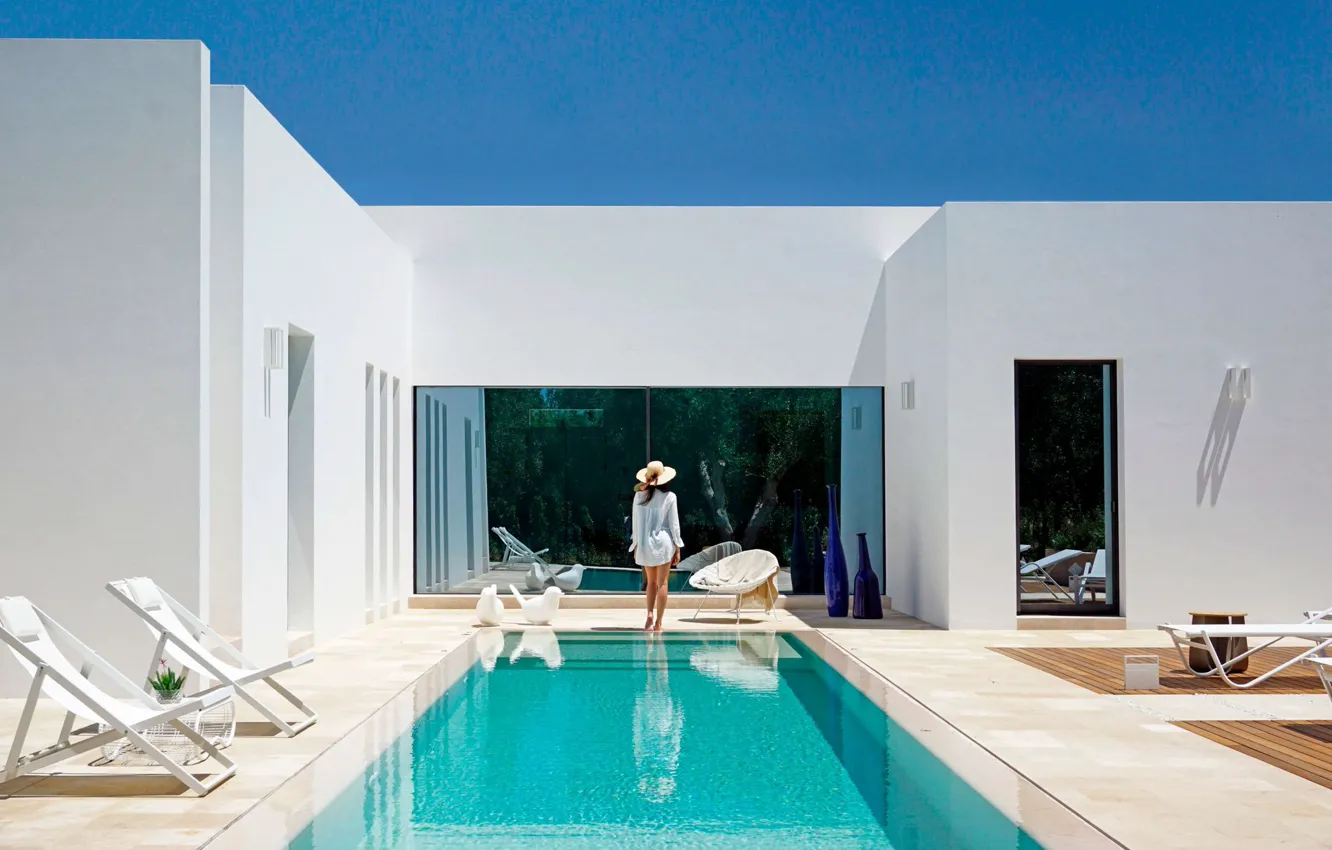 Photo wallpaper girl, design, style, Villa, pool, architecture, terrace