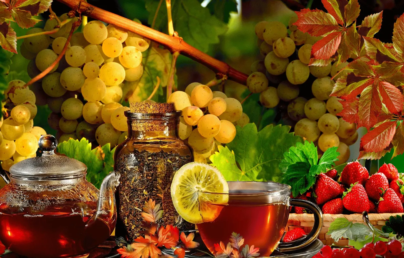 Photo wallpaper tea, grapes, still life