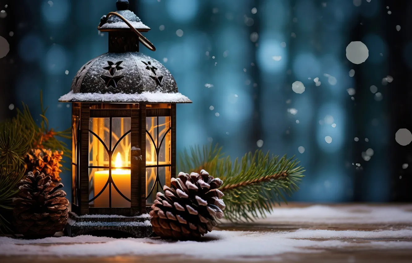 Photo wallpaper winter, snow, night, Christmas, lantern, New year, Christmas, night