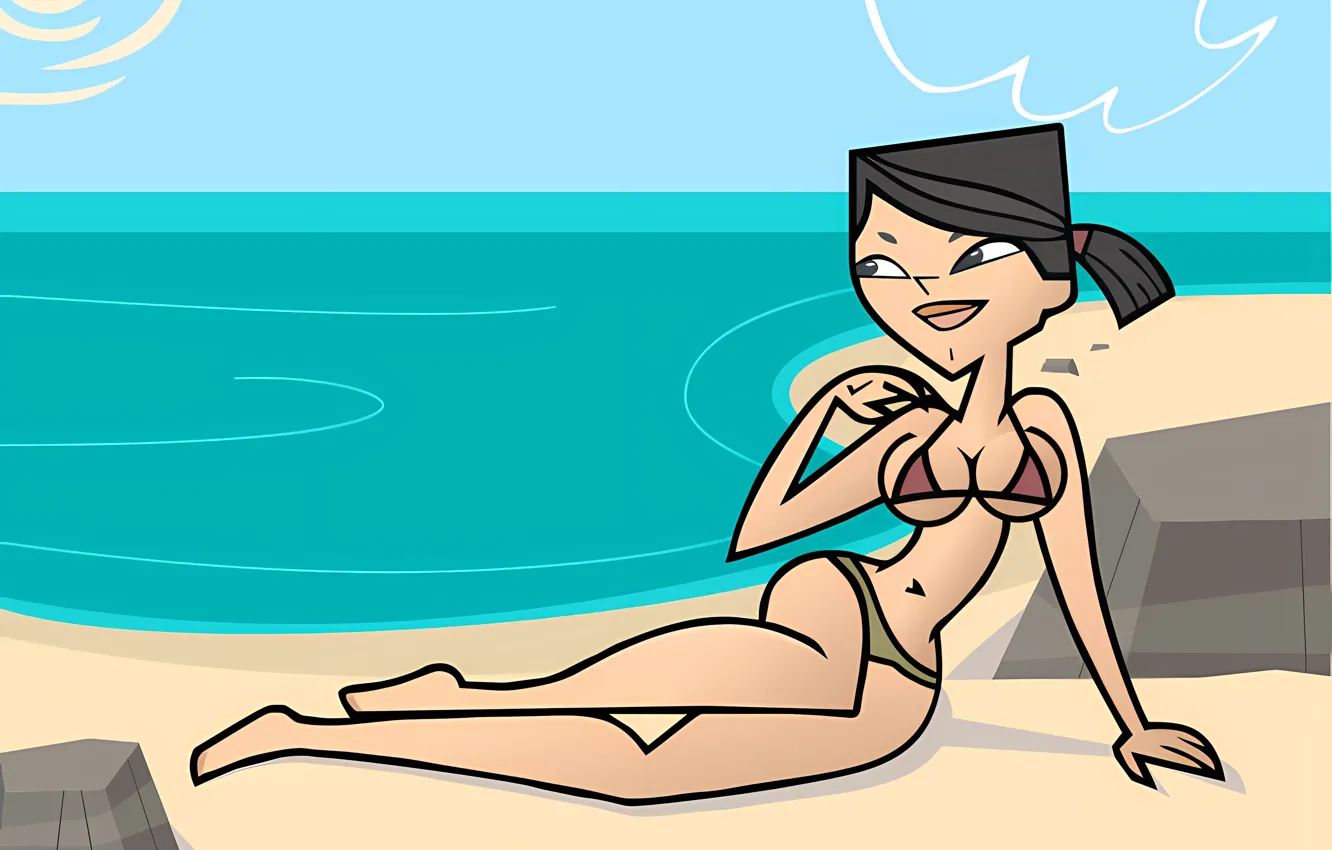 Photo wallpaper girl, sexy, cleavage, beach, legs, sea, boobs, anime