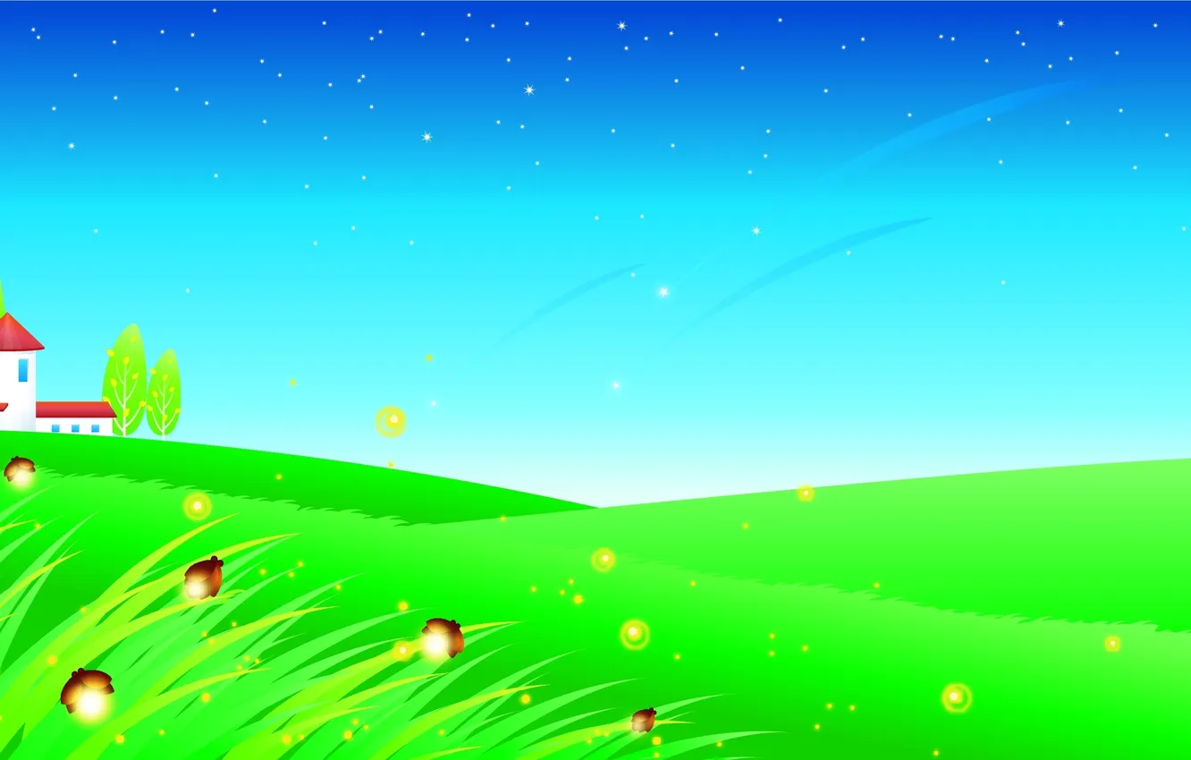 Photo wallpaper grass, stars, trees, fireflies, butterfly, home