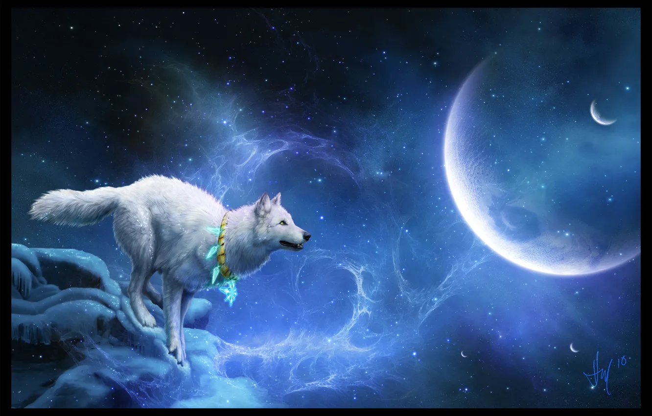 Photo wallpaper white, stars, planet, wolf, mystic