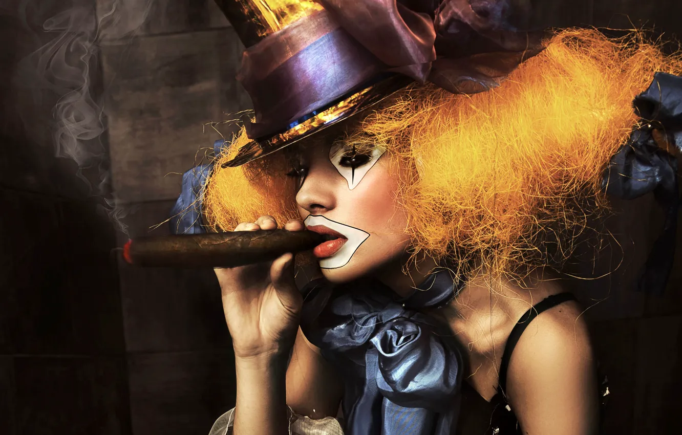 Photo wallpaper girl, smoke, portrait, hat, clown, cigar, bow, makeup