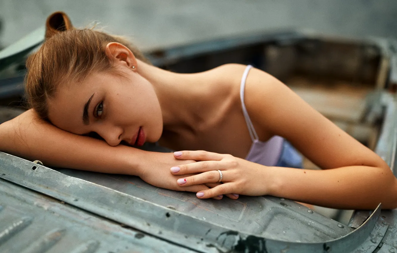 Photo wallpaper girl, blouse, water, model, brunette, boat, red lipstick, outdoors